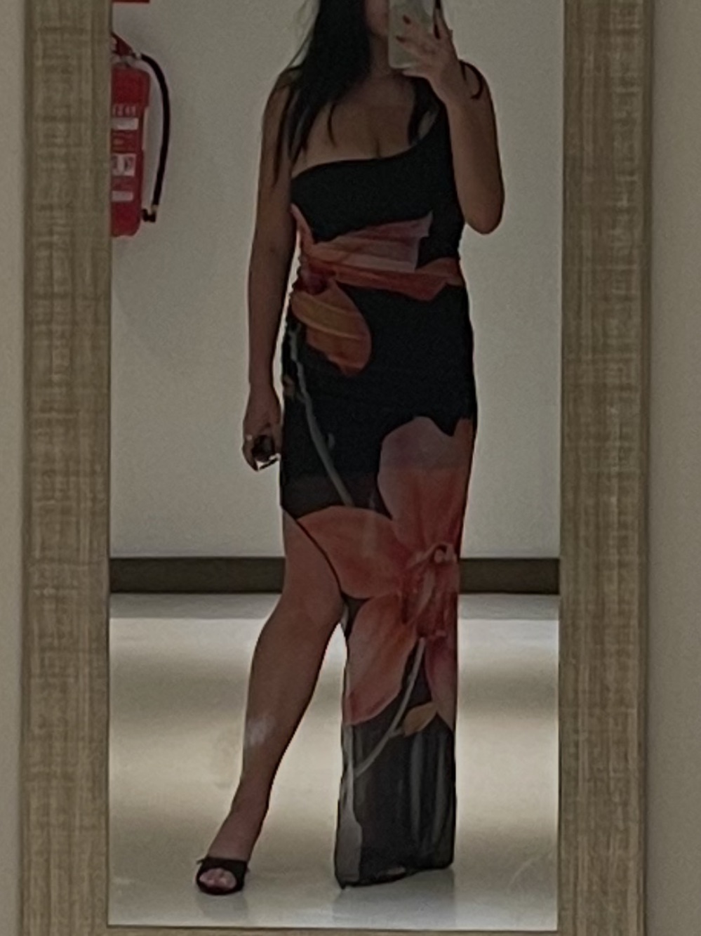 Bershka Black One-Shoulder Maxi Dress with Coral Floral Print